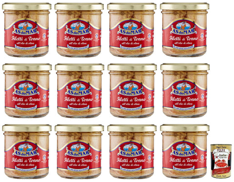 As Do Mar Filetti Di Tonno All'olio Di Olio Di Olio Di Oliva Lot De 12 Filets De Thon À L'huile D'olive, Verre De 150 G + Boîte Italienne Gourmet Polpa Di Pomodoro 400 G