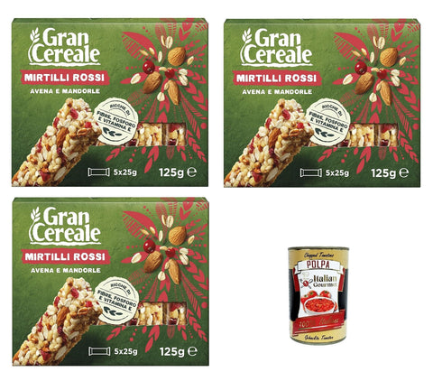 Mulino Bianco, Gran Cereale Barre Avec 4 Céréales, Amandes Et Myrtilles, Pour Petit-Déjeuner Et Collations Sucrées, 3 X 125 G + Italian Gourmet Polpa 400 G