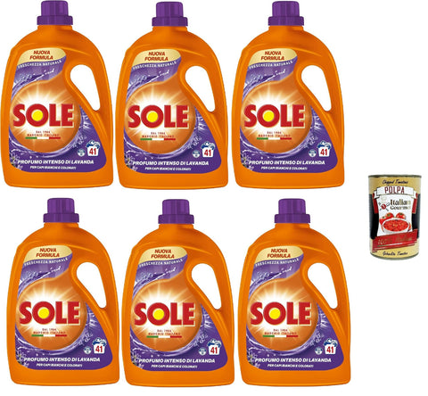 Sole Freschezza Naturale, Lavanda, 41 Lavages, Formule Désinfectante, Lessive Liquide Fraîche Naturelle Pour Machine À Laver, Élimine Les Taches À Faible Température, 6 X 1845 Ml + Italian Gourmet