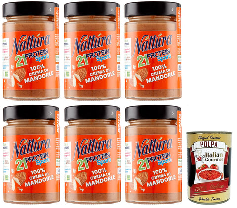 Náttúra Protein Sport Lot De 6 Crèmes D'amandes 100 % Sans Sucre Ajouté, Sans Gluten, 100 % Naturel, Riche En Protéines, 180 G + Boîte Italienne Gourmet Polpa Di Pomodoro 400 G