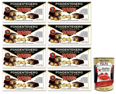 Novi Lot De 8 Fondentenero Nocciolato, Chocolat Noir Extrêmement Amer Avec Noisettes Entières, 72 % Cacao, 130 G + Polpa Di Pomodoro Italian Gourmet Polpa Di Pomodoro Boîte De 400 G
