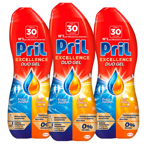 Pril Excellence Duo Gel Lave-Vaisselle Nettoyant Brillant Extra-Puissance Anti-Odeur Nettoyage En Profondeur Contre La Saleté Brûlée 0 % Résidus À Basse Température Et Cycles Courts - 3 Flacons De 600
