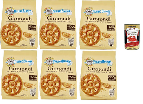 Mulino Bianco Girotondi, Biscotti Con Granelli Di Zucchero Di Canna, Biscuits Saupoudrés De Sucre Brun, 6x 800g + Italian Gourmet Polpa 400g