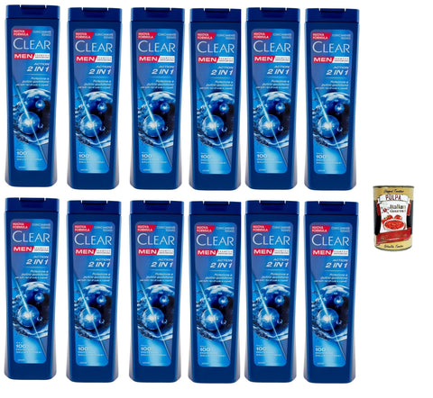 Clear Action Shampooing 2 En 1 Pour Homme Pour Tous Les Types De Cheveux Et De Cuir Chevelu – Shampoing Pelliculaire 12 X 225 Ml + Italian Gourmet Polpa 400 G