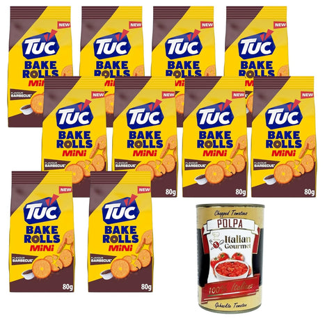 Tuc Bake Rolls Mini Saveur Barbecue, chips de pain croustillantes assaisonnées au barbecue 10 x 80 g + Tomates concassées italiennes Gourmet 400 g