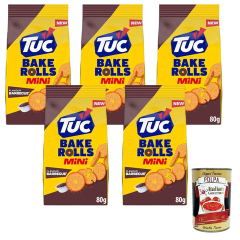 Tuc Bake Rolls Mini Saveur Barbecue, chips de pain croustillantes assaisonnées au barbecue 5 x 80 g + Tomates concassées italiennes Gourmet 400 g