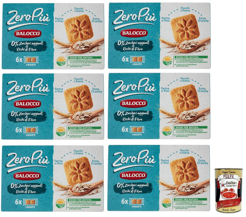 Balocco Zero Più Biscotti Lot De 6 Biscuits Sans Sucre Ajouté, Farine De Riz, Flocons D'avoine Et Crunchy, Paquet De 230 G + Boîte Italienne Gourmet Polpa Di Pomodoro 400 G