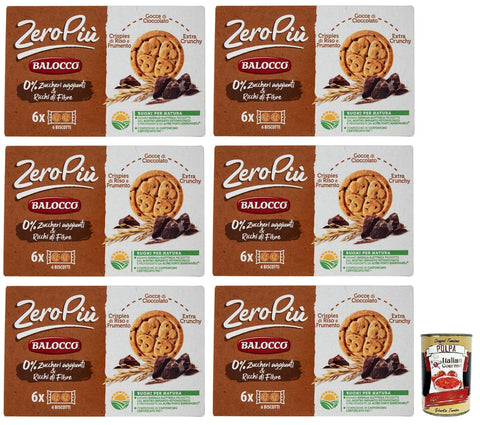 Balocco Zero Più Biscotti Lot De 6 Biscuits Sans Sucre Ajouté, Biscuits Avec Crêpes De Riz Et De Blé, Gouttes De Chocolat Et Extra Crunchy 210 G + Boîte Italienne Gourmet Polpa Di Pomodoro 400 G