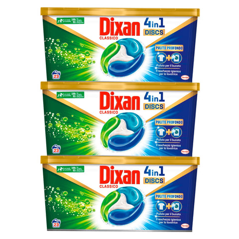 Dixan Discs Lessive Classique Pour Machine À Laver Action 4 En 1 Profond Lessive Parfumée Et Fraîche Élimine Les Taches Obstinées - 3 Boîtes De 23 Capsules