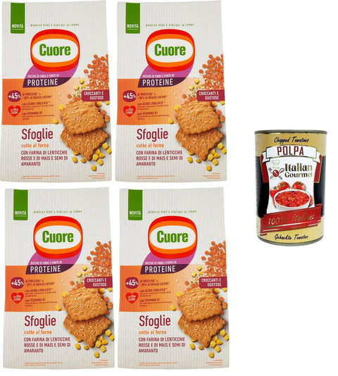 Cuore - Sfoglie Croccanti Lenticchie, Feuilles Croustillantes, Cuites Au Four Avec Farine De Lentilles Rouges Et De Maïs Et Graines D'amarante. 4 X 170 G + Polpa Italian Gourmet 400 G