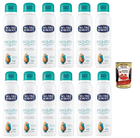 Neutro Roberts Asciutto Lot De 12 Déodorants En Spray Iris Et Amande Sans Alcool Et À L'aloun, Anti-Transpiration, Anti-Transpiration, Unisexe, 12 X 150 Ml + Italian Gourmet Polpa 400 G