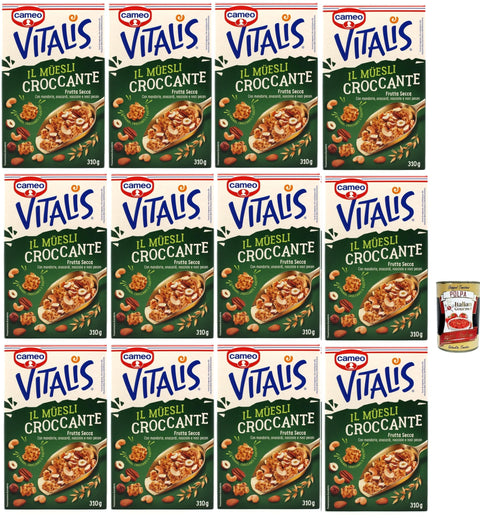 Cameo Vitalis Muesli Croccante Frutta Secca, Céréales Fruits Secs Croustillants Avec Flocons D'avoine, Amandes, Noisettes Et Noix De Pécan 12 X 310 G + Italian Gourmet Polpa 400 G