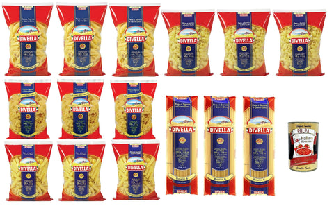 Divella Pasta Pack Test Bucatini Canneroni Rigati Penne Candela Lumache Farfalle, Pâtes Italiennes À Base De Semoule De Blé Dur, 15 X 500 G + Italian Gourmet Polpa 400 G