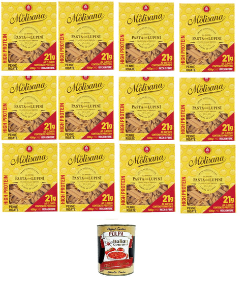 La Molisana Penne Rigate Aux Lupins, Tagliatelles Protéinées Avec Farine De Lupin Et Semoule De Blé Dur Italienne – Tirée En Bronze, 12 X 400 G + Polpa Italien Gourmet 400 G