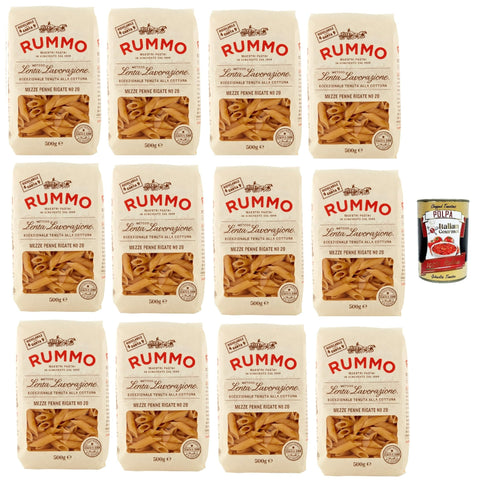 Rummo Mezze Penne Rigate N° 28, Durum Pâtes Sémoraires, Italiennes Pasta Italian Noodles 12x 500 G Pack + Italian Gourmet Polpa Di Pomodoro 400 G