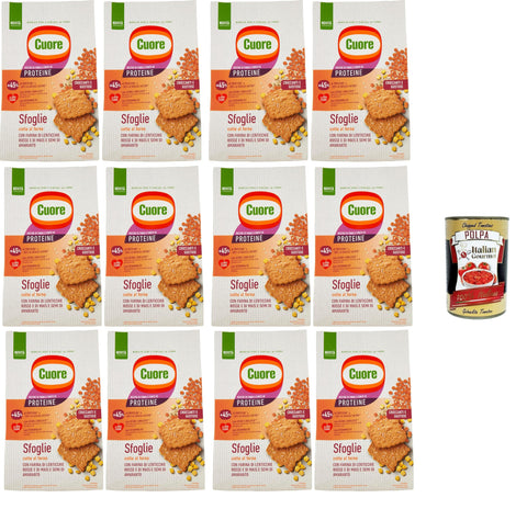 Cuore Sfoglie Croccanti Lenticchie, Feuilles Croustillantes, Cuites Au Four Avec Farine De Lentilles Rouges Et De Maïs Et Graines D'amarante. 12 X 170 G + Italian Gourmet Polpa 400 G