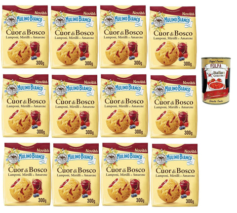 Mulino Bianco Biscotti Frollini Cuor Di Bosco, Biscuits Avec Framboises, Bleuets Et Cerises Noires, Petit-Déjeuner Plein De Goût, Sans Huile De Palme, 12x 300g + Italian Gourmet Polpa 400g