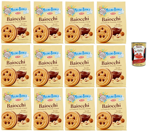 Mulino Bianco, Biscotti Baiocchi Farciti Con Crema Alla Nocciola E Cacao, Biscuits Farcis De Crème Noisette Et De Cacao, 12x 260 + Italian Gourmet Polpa 400g
