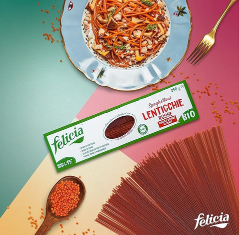 Felicia, Pasta Spaghetti di Lenticchie Rosse, Nouilles aux lentilles rouges, riches en fibres et protéines, fer et zinc, végétaliennes, 5 x 250 g + Italian Gourmet polpa 400g