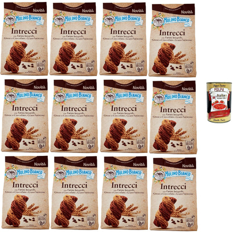 Mulino Bianco Intrecci, Biscotti Integrali Con Frolla Al Cacao E Gocce Cioccolato,Biscuits Complets Avec Une Pâte De Cacao Et Des Pépites De Chocolat, 12x 300g + Italian Gourmet Polpa 400g