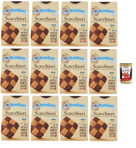 Mulino Bianco Biscotti Scacchieri Frolla Con Caramello E Cioccolato, Biscuits Au Caramel Et Au Chocolat, Biscuits Cookies, 12x 300g + Italian Gourmet Polpa 400g