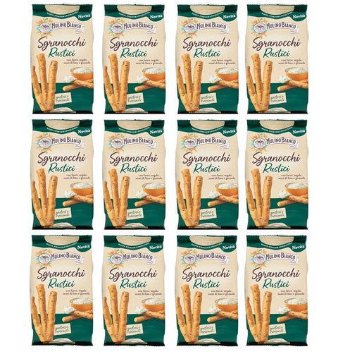 Mulino Bianco Grissini Sgranocchi Rustici – Gressins croustillants aux graines d'épeautre, de seigle, de lin et de tournesol – 12 x 200 g