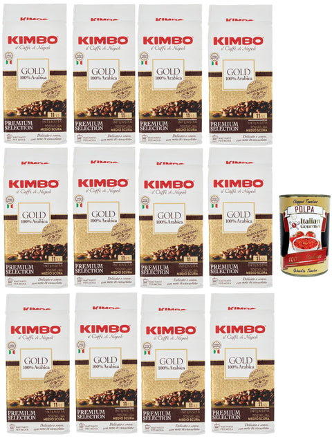 Kimbo Gold 100% Arabica, Caffe' Italiano, Caffè Macinato, Italian Café Moulu, Convient Pour Cafetière Moka, Lot De 12x 250 Gr + Italian Gourmet Polpa 400g