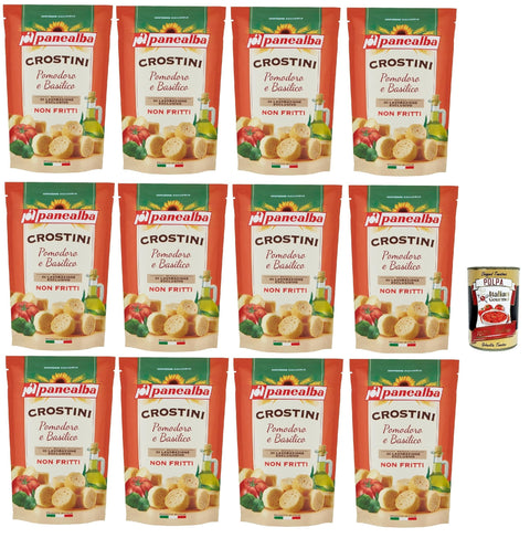 Panealba Crostini Pomodoro E Basilico Croûtons À La Tomate Et Au Basilic, Collation Salée, Non Frites, 12 X 100 G, Avec Polpa Italien Gourmet 400 G
