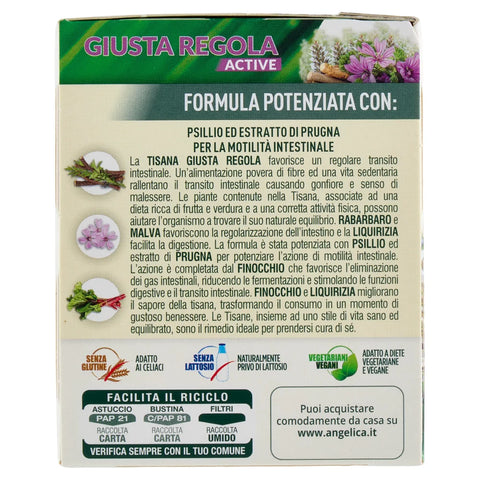 10x L'Angelica Le Tisane Giusta Regola Active Tisane à base de psyllium et d'extrait de prune pour favoriser le transit intestinal 18 filtres