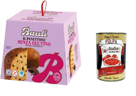 Bauli Panettone Senza glutine con gocce di cioccolato Panettone sans gluten aux pépites de chocolat 400g + Italian Gourmet polpa 400g