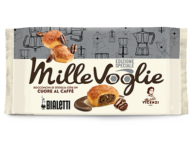Matilde Vicenzi Millevoglie Caffè Bialetti 100g, Bouchées de pâte feuilletée Bialetti au cœur fourré au café 10x100gr + Italian Gourmet Polpa di Pomodoro 400g