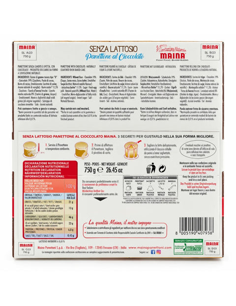 Maina Panettone Senza Lattosio al cioccolato Panettone au chocolat sans lactose 750 g, authentique produit italien