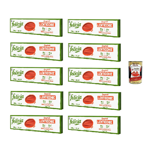 Felicia, Pasta Spaghetti di Lenticchie Rosse, Nouilles aux lentilles rouges, riches en fibres et protéines, fer et zinc, végétaliennes, 10 x 250 g + Italian Gourmet polpa 400g