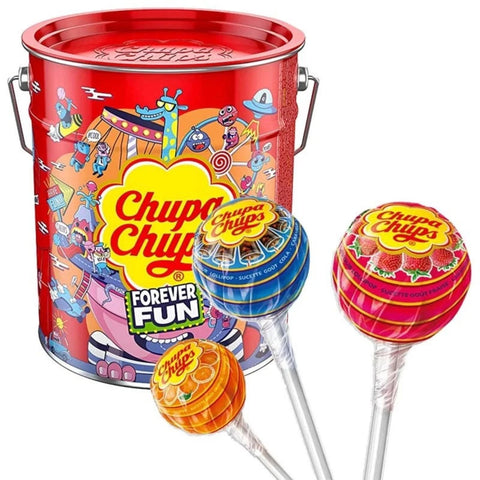 Chupa Chups Forever Fun Seau de sucettes en boîte métallique, 150 pièces assorties, 1800 g