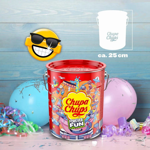 Chupa Chups Forever Fun Seau de sucettes en boîte métallique, 150 pièces assorties, 1800 g