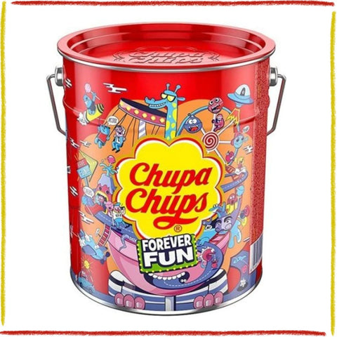 Chupa Chups Forever Fun Seau de sucettes en boîte métallique, 150 pièces assorties, 1800 g