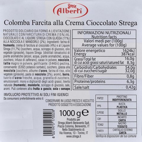 Alberti Strega COLOMBA ALLA CREMA DI CIOCCOLATO AL LIQUORE STREGA  LIQUEUR DE SORCIÈRE CRÈME AU CHOCOLAT COLOMBA 1kg