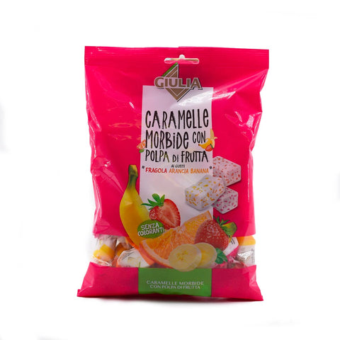 La Giulia Caramelle Morbide con Polpa di Frutta Bonbons mous à la pulpe de fruits aromatisés à la fraise, à l'orange et à la banane 150g