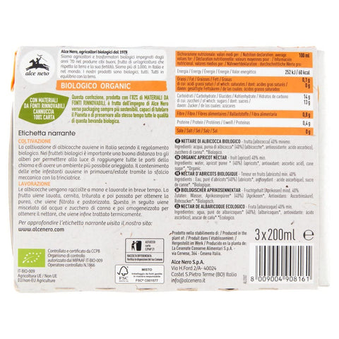 8x Alce Nero Nettare Biologico di Albicocca Nectar d'Abricot Bio 3 Brik de 200 ml