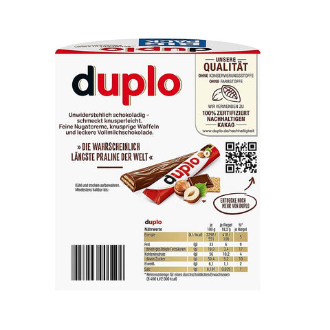 Gaufre barre de chocolat Ferrero Duplo avec garniture crémeuse au cacao et noisettes (18 x 18,2 g)