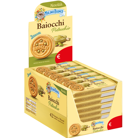 Mulino Bianco Baiocchi al Pistacchio 42 monoporzioni da 3 biscotti à l –  Italian Gourmet FR