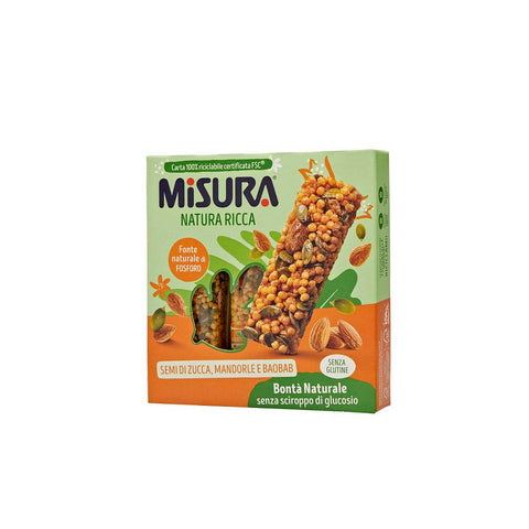 Misura Natura Ricca Snack di cereali con semi di zucca, mandorle e baobab Cereal snack with pumpkin seeds, almonds and baobabs (3x25g) 75g - Italian Gourmet UK